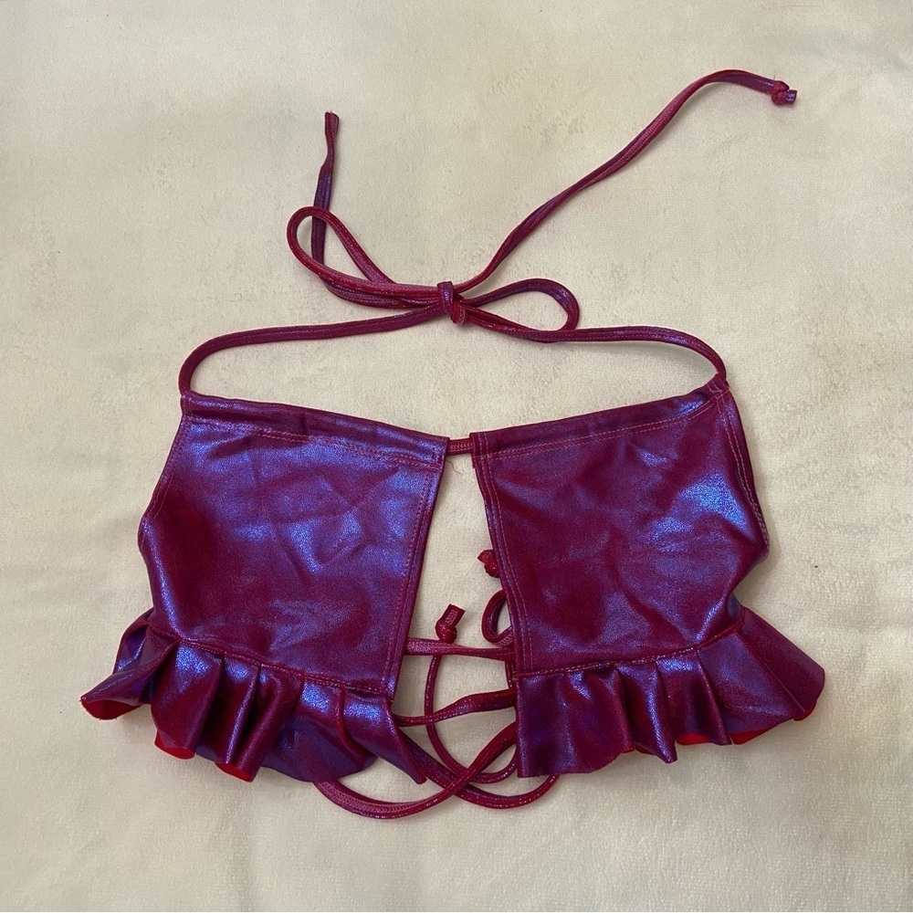 Jade Clarke Shiny Burgundy festival Halter bikini Top Ruffle Detail 3731